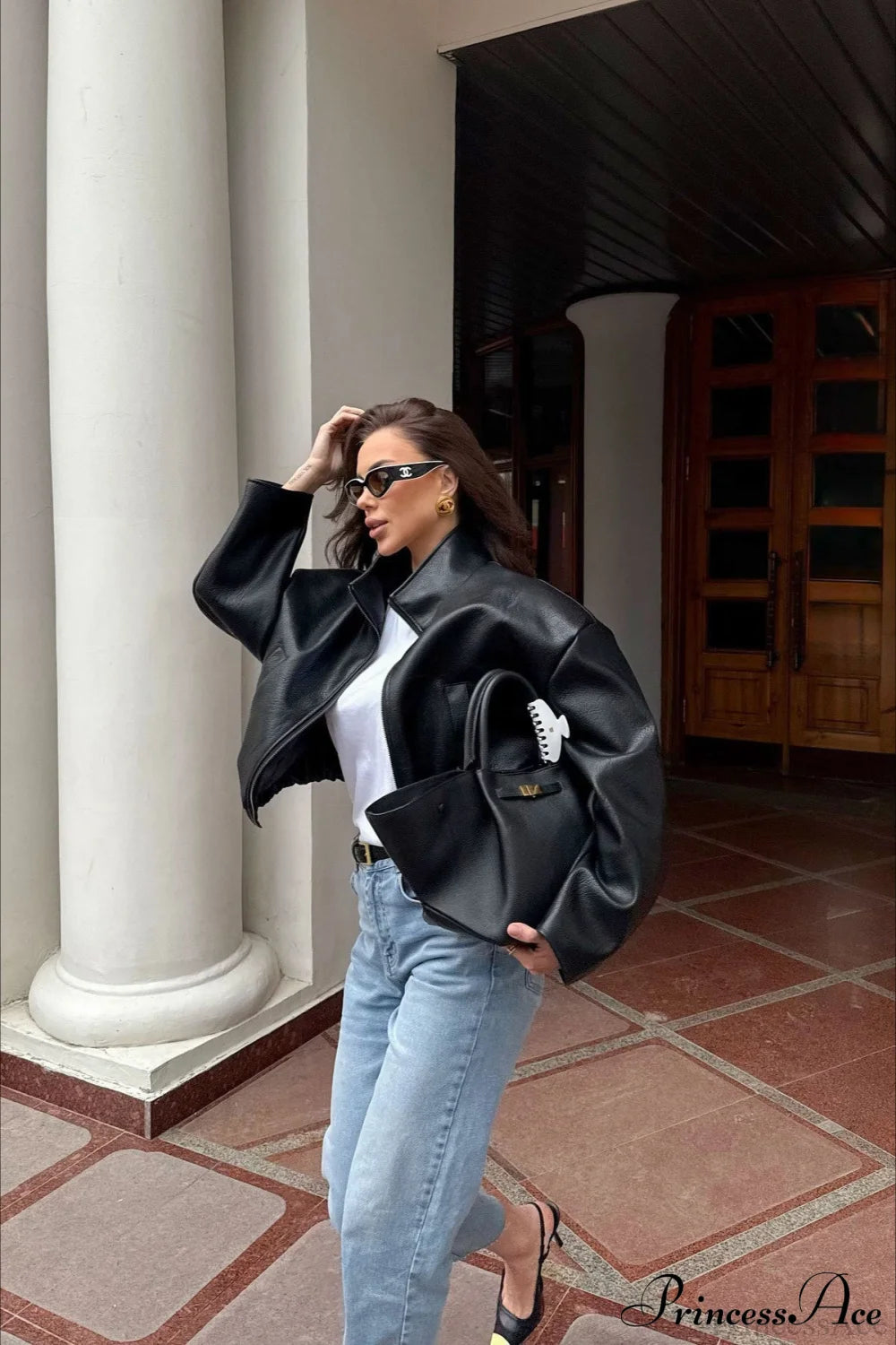 Stylish Black Faux Leather Jacket for Women with Stand Collar and Loose Fit 3