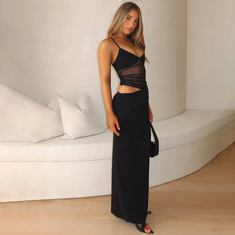 Women's Black Bodycon V Neck Spaghetti Strap Maxi Dress - Elegant Backless Cocktail Evening Formal Dress 1