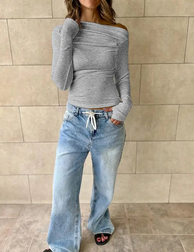 Women's Long Sleeve Crop Top - Casual Off-Shoulder Ruched T-Shirt 5