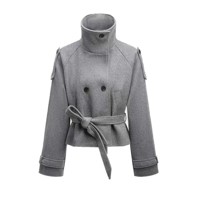 Woolen Trench Coat for Women - Stylish Double Breasted Long Sleeve Wool Womens Trench Coat with Stand Collar and Lace-Up Detail 6