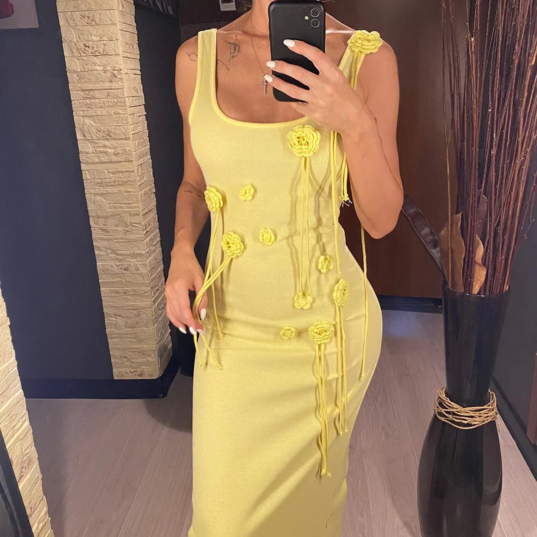 SOERA Iris Knitted Floral Embroidered Midi Dress - Dress - SOERA-080451-LIG-L-71331 Light Yellow L