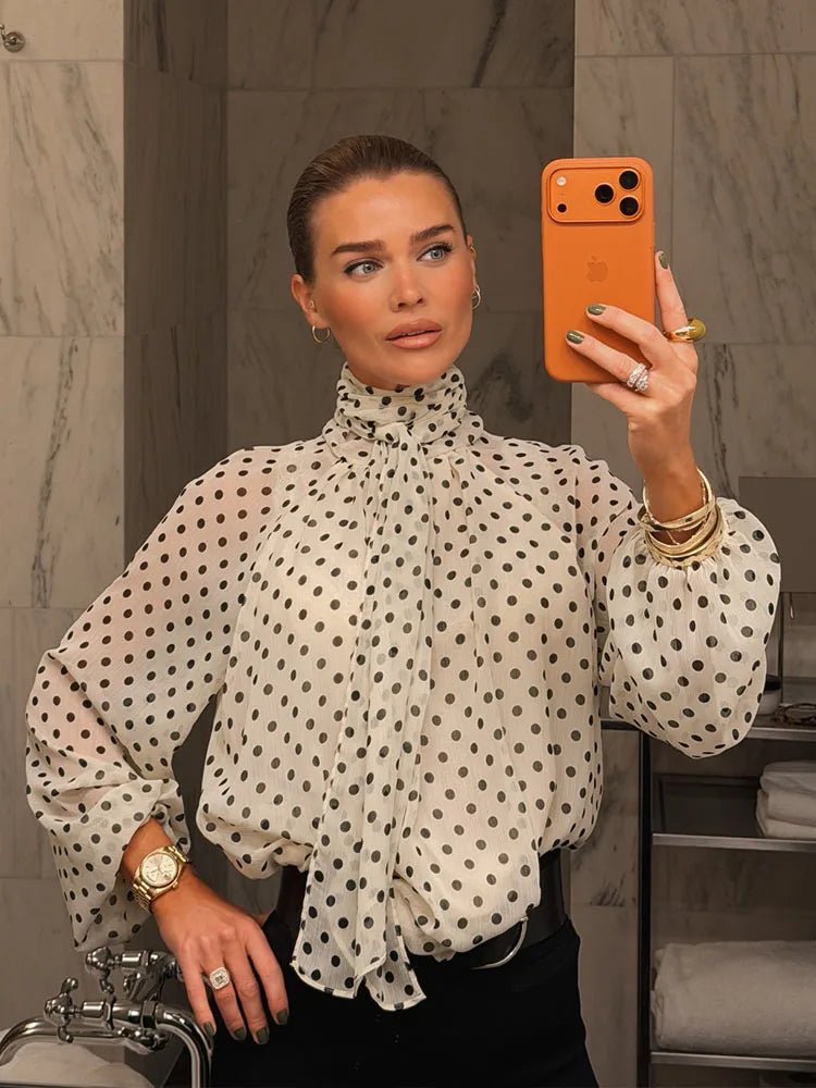 SOERA Sofia High Collar Polka Dot Blouse - Blouse -  White L