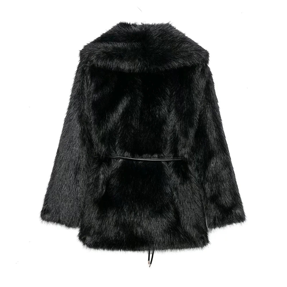 SOERA Faith Faux Fur Coat with Belt - Coats & Jackets - 3256807954805802-;EU1763625122208101504 Black L