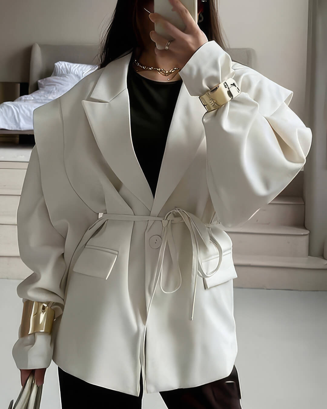 SOERA Leandra Wide Sleeves Belted Blazer - Coats & Jackets -  White S