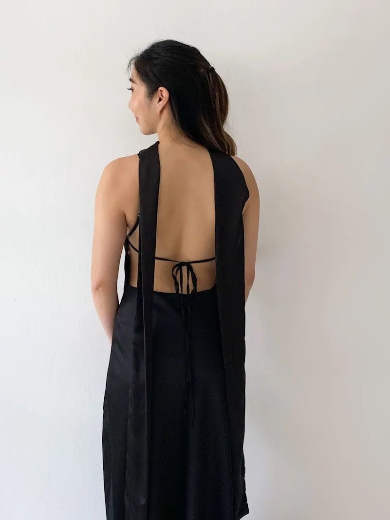 SOERA Astraea Satin Maxi Dress with Scarf - Dress -  Black XS