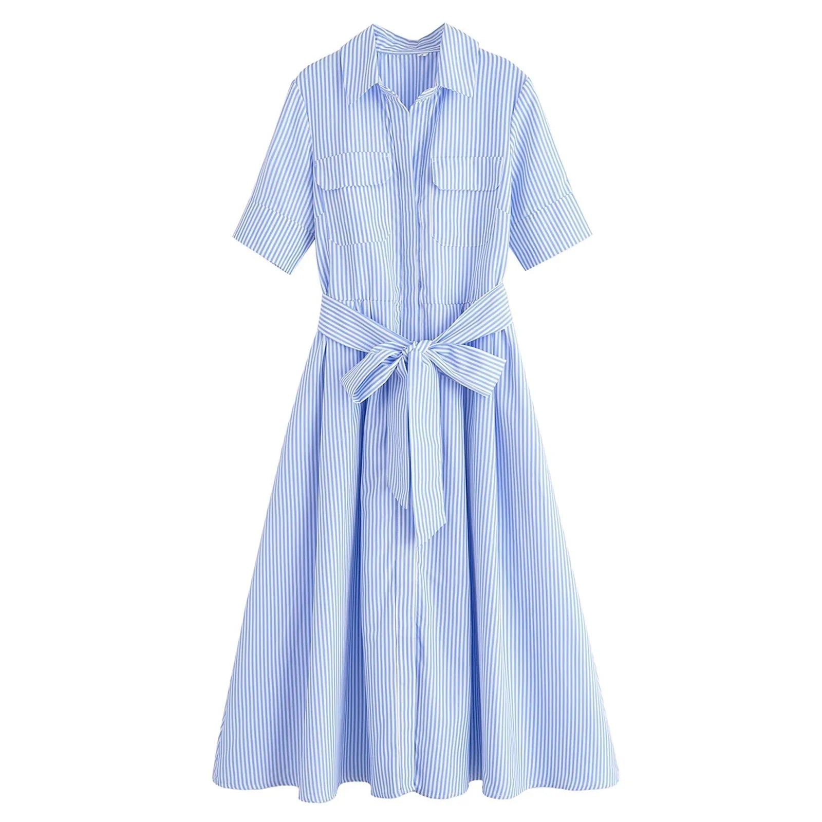 SOERA Beatrice Belted Shirt Midi Dress - Dress -  Blue Stripes XS
