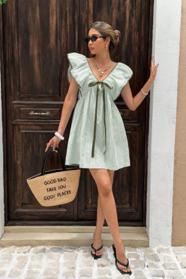 SOERA Beatrice Striped V - Neck Ruffle Mini Dress - Dress -  Green S