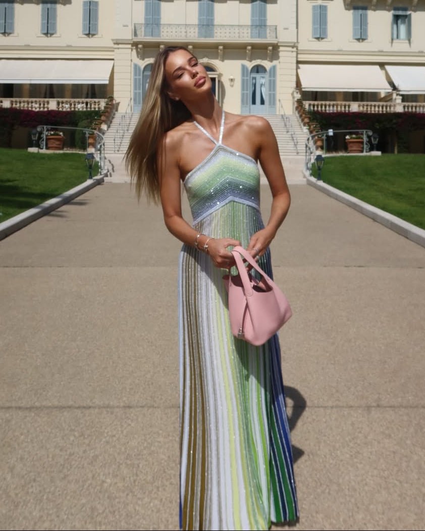 SOERA Bianca Sequin Striped Halter Maxi Dress - Dress -  M