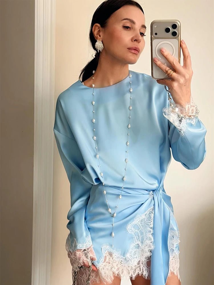 SOERA Celeste Lace Satin Tie-Detail Dress - Dress -  Blue XS