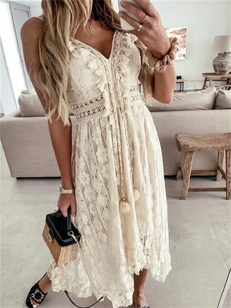 SOERA Esra Sleeveless Lace V - Neck Maxi Dress - Dress -  Beige S