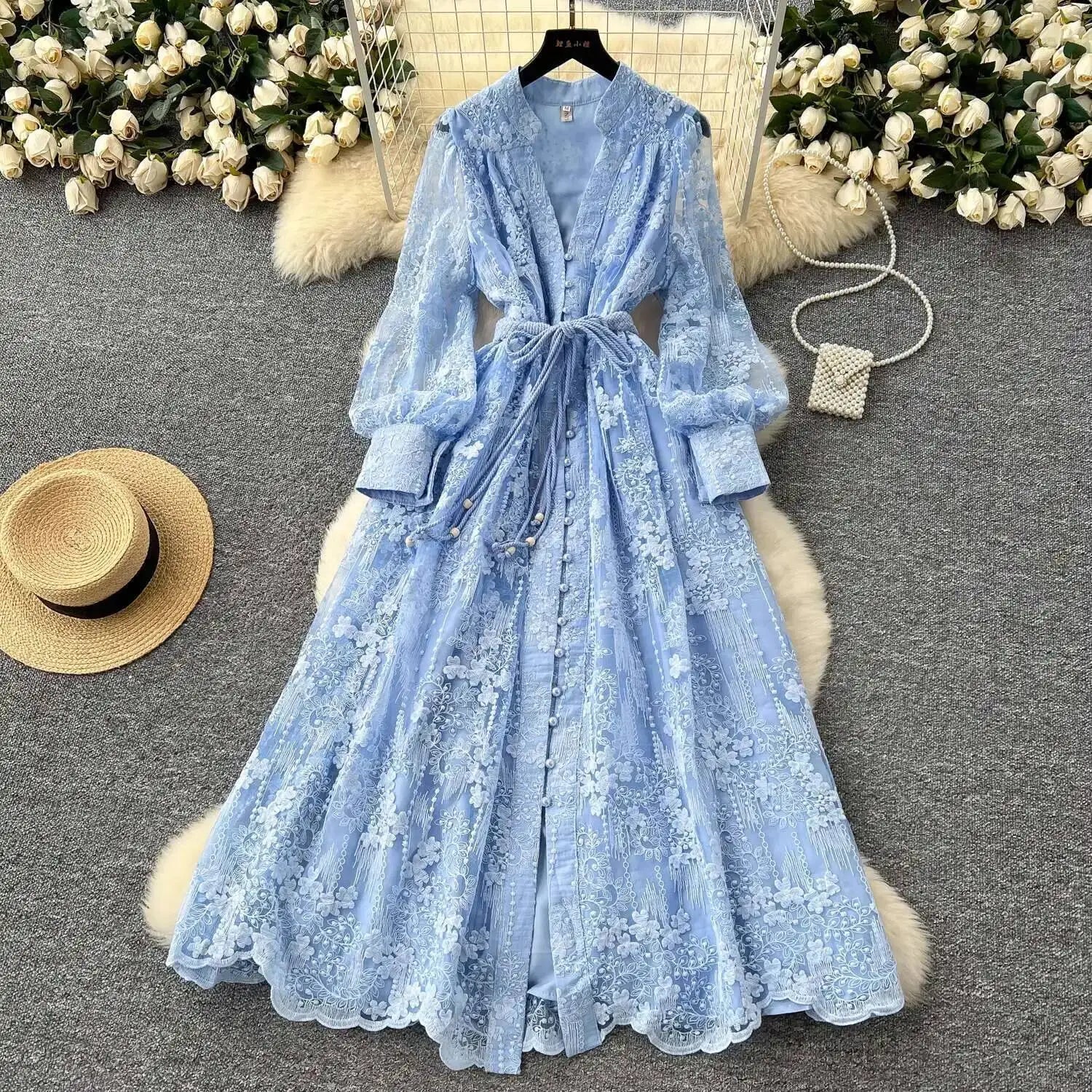 SOERA Jenina Embroidered Pearl Midi Dress - Dress -  Blue S