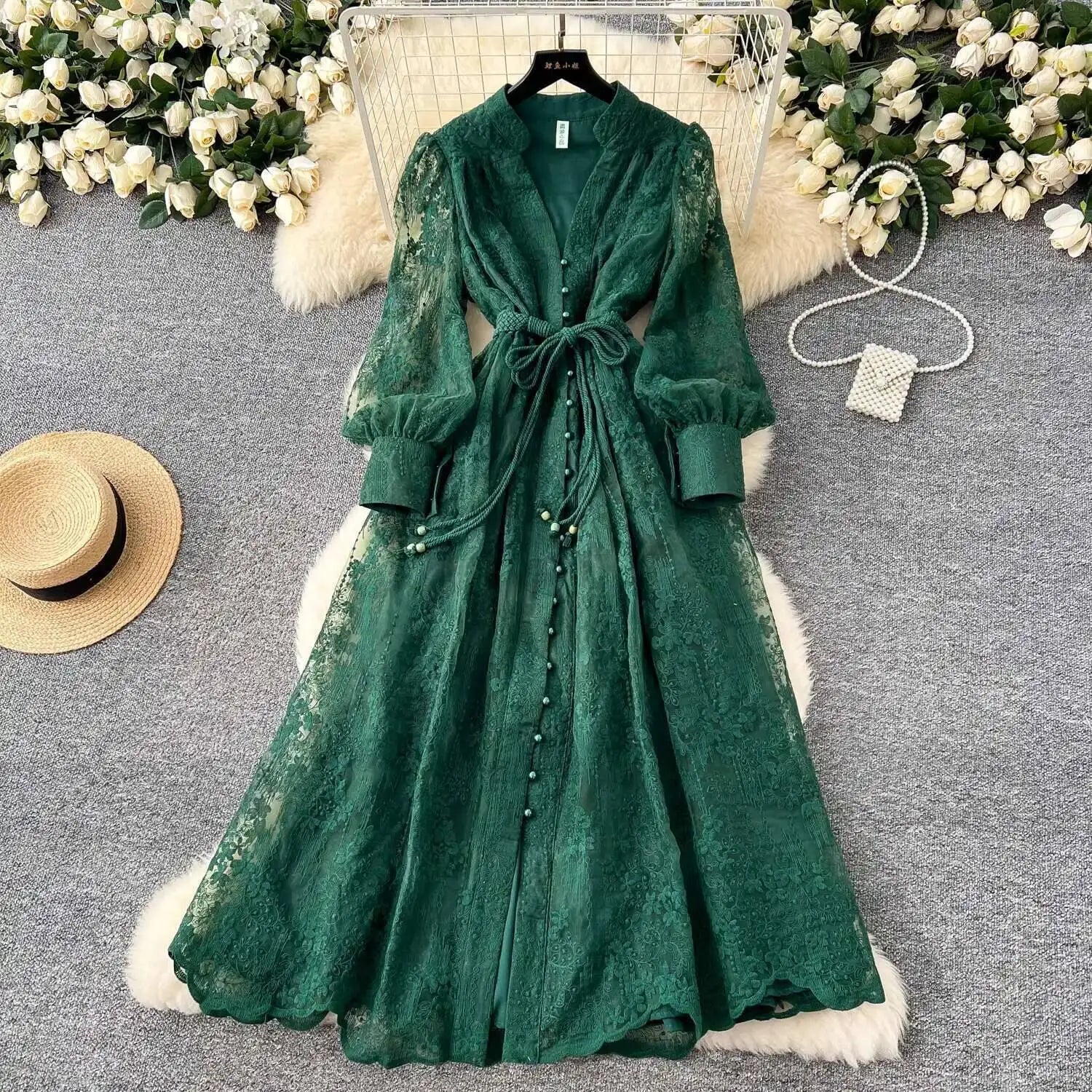 SOERA Jenina Embroidered Pearl Midi Dress - Dress -  Green S