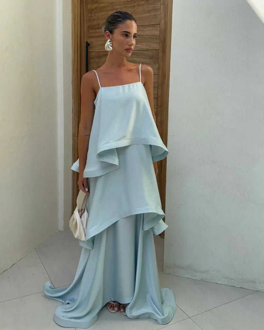 SOERA Margot Tiered Ruffle Satin Maxi Dress - Dress - SOERA-288579-BLU-M-56771 Blue M