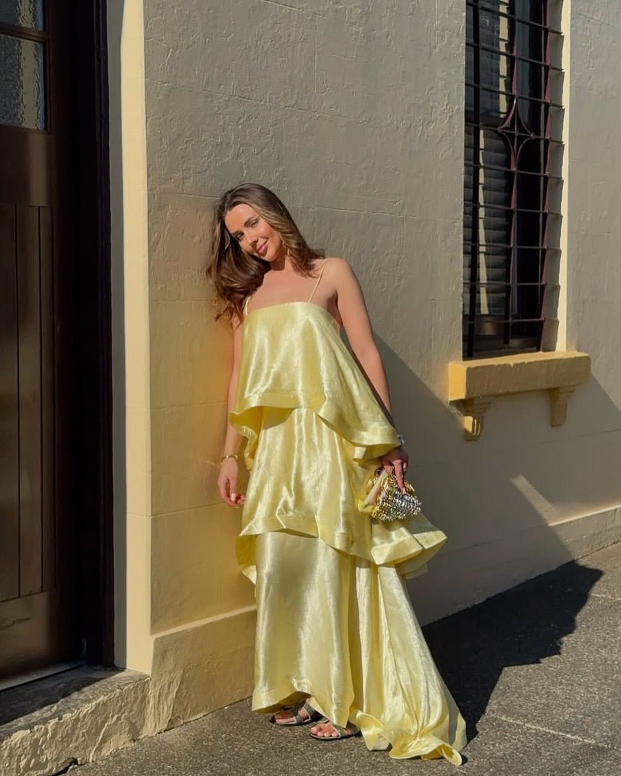 SOERA Margot Tiered Ruffle Satin Maxi Dress - Dress - SOERA-288579-YEL-S-87843 Yellow S