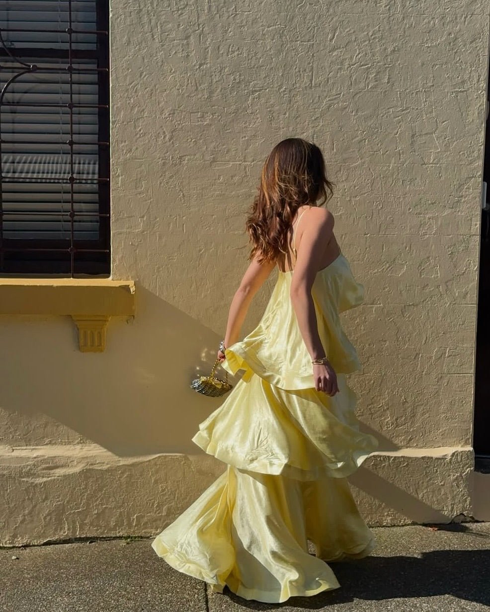 SOERA Margot Tiered Ruffle Satin Maxi Dress - Dress - SOERA-288579-YEL-S-87843 Yellow S