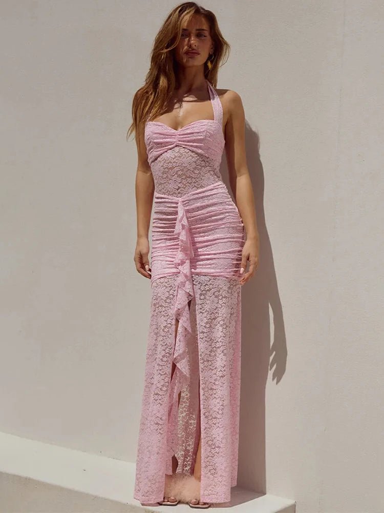 SOERA Selene Lace Draped Halter Maxi Dress - Dress -  Pink S
