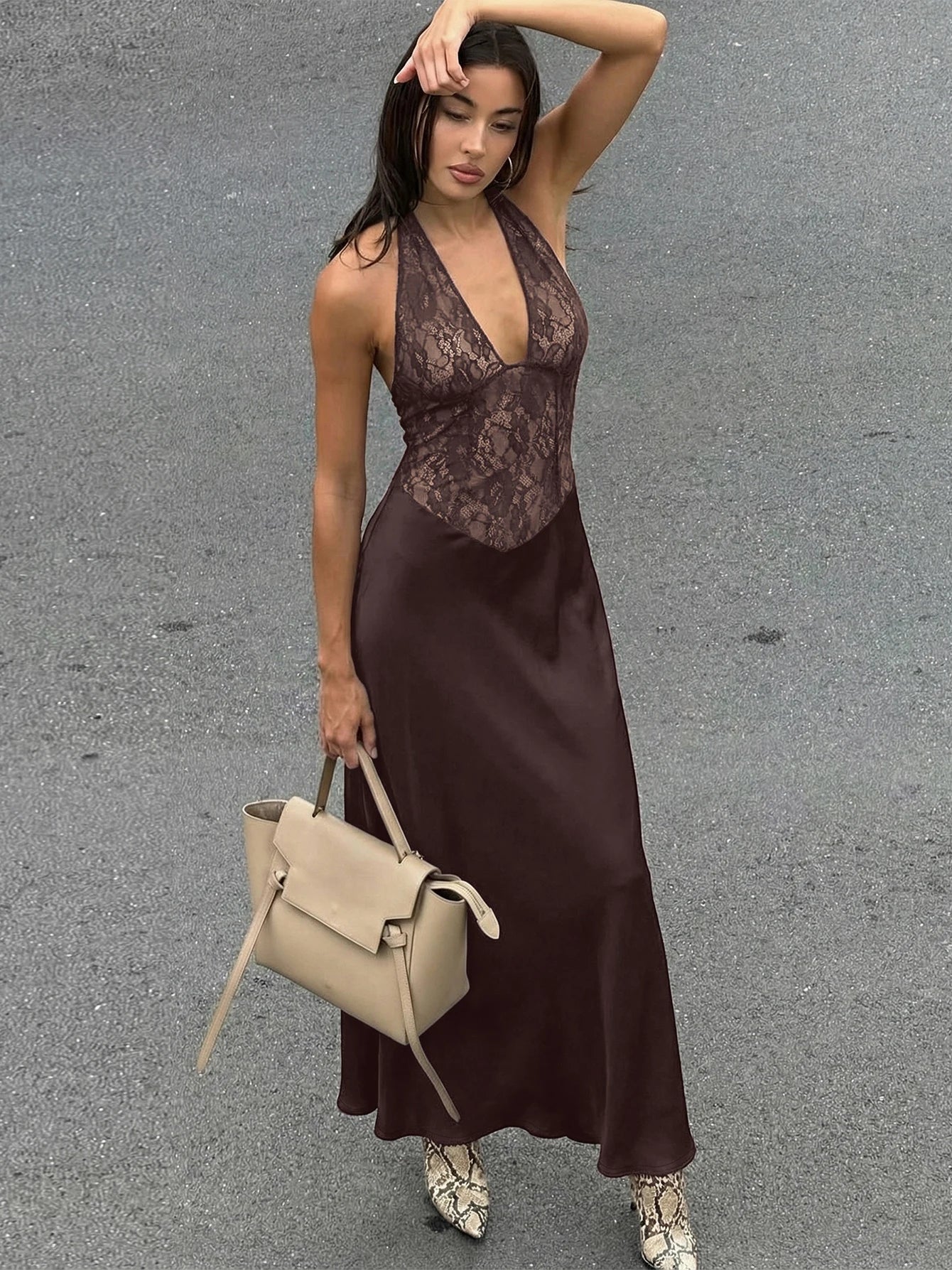 SOERA Serena Halter Backless Lace Patchwork Dress - Dress -  Brown S