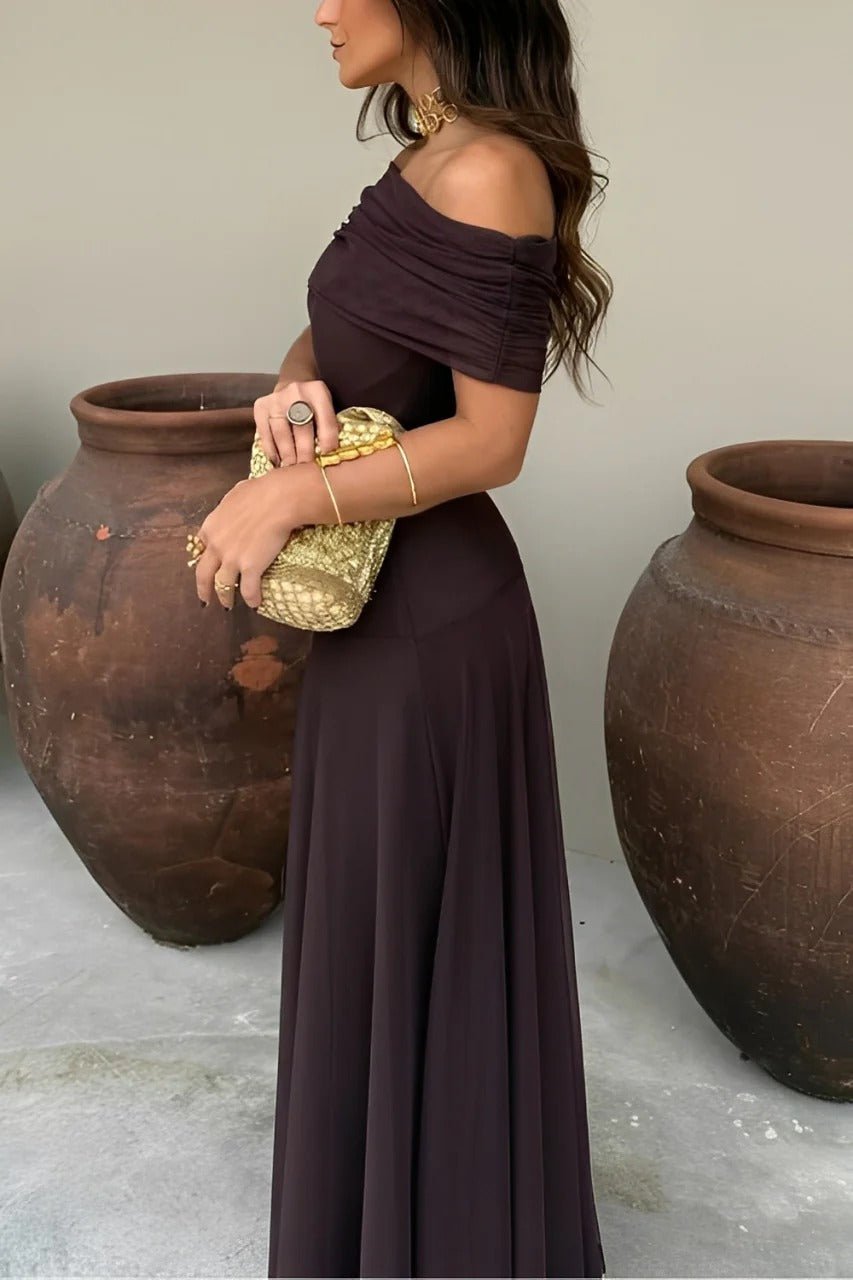 SOERA Sienna Off-Shoulder Ruched Maxi Dress - Dress - SOERA-616515-S-BROWN-71651 Brown S
