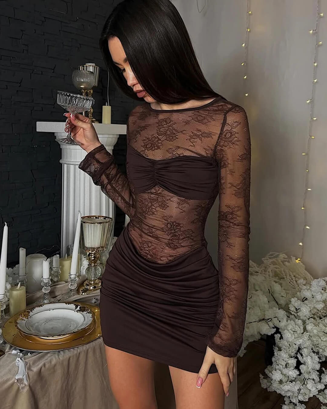 SOERA Angela Backless Lace Mini Dress - Dresses -  Brown M