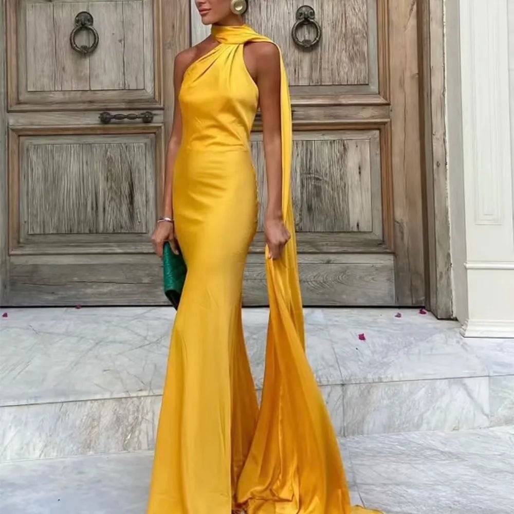 SOERA Beatrice Halter Backless Silk Satin Maxi Dress - Dresses -  Yellow S