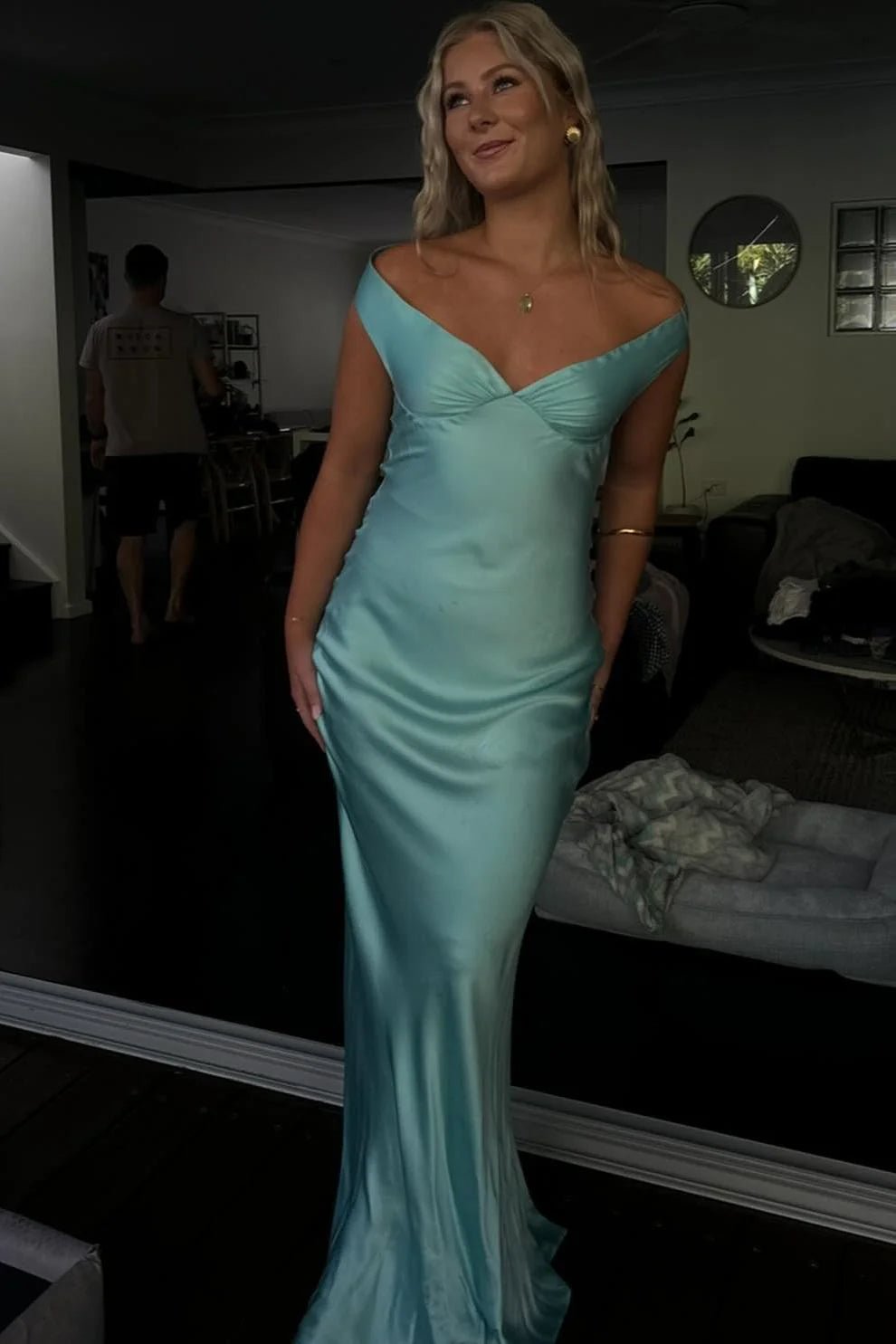 SOERA Clea Satin Off the Shoulder Maxi Dress - Dresses -  Aqua XS