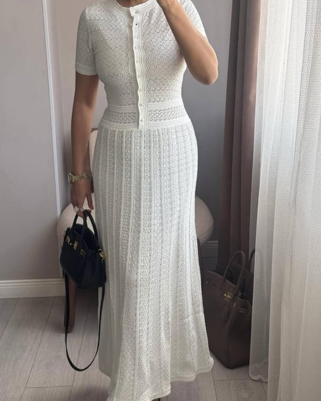 SOERA Jeriza Knitted Half - Button Midi Dress - Dresses -  White S