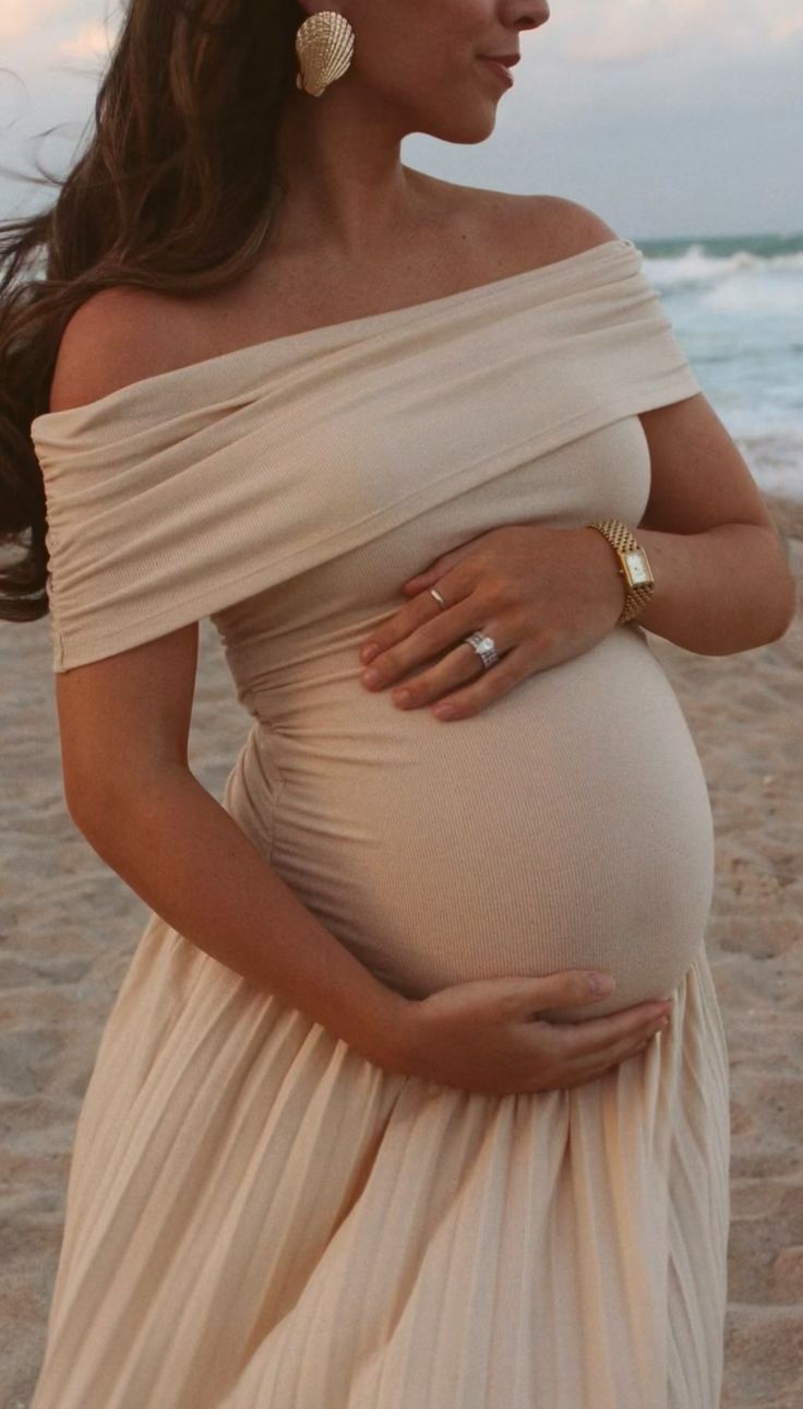 SOERA Serena Flowy Off - Shoulder Maternity Dress - Dresses - VM1776054847432727139 Beige L