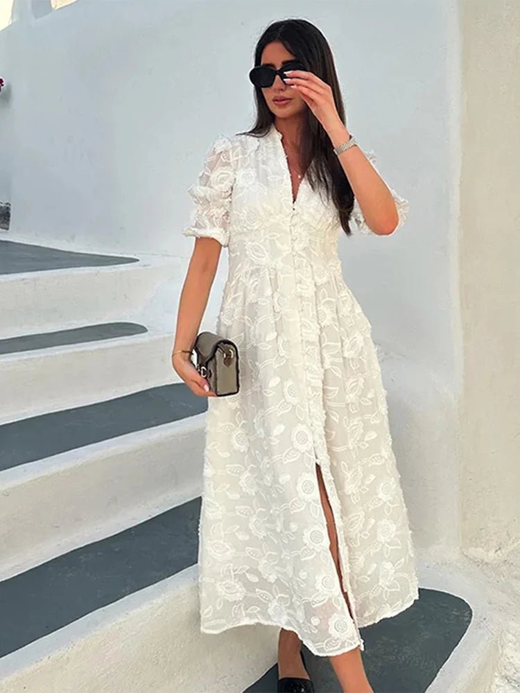 SOERA Wendy Embroidered Lace V-Neck Midi Dress - Dresses -  White L
