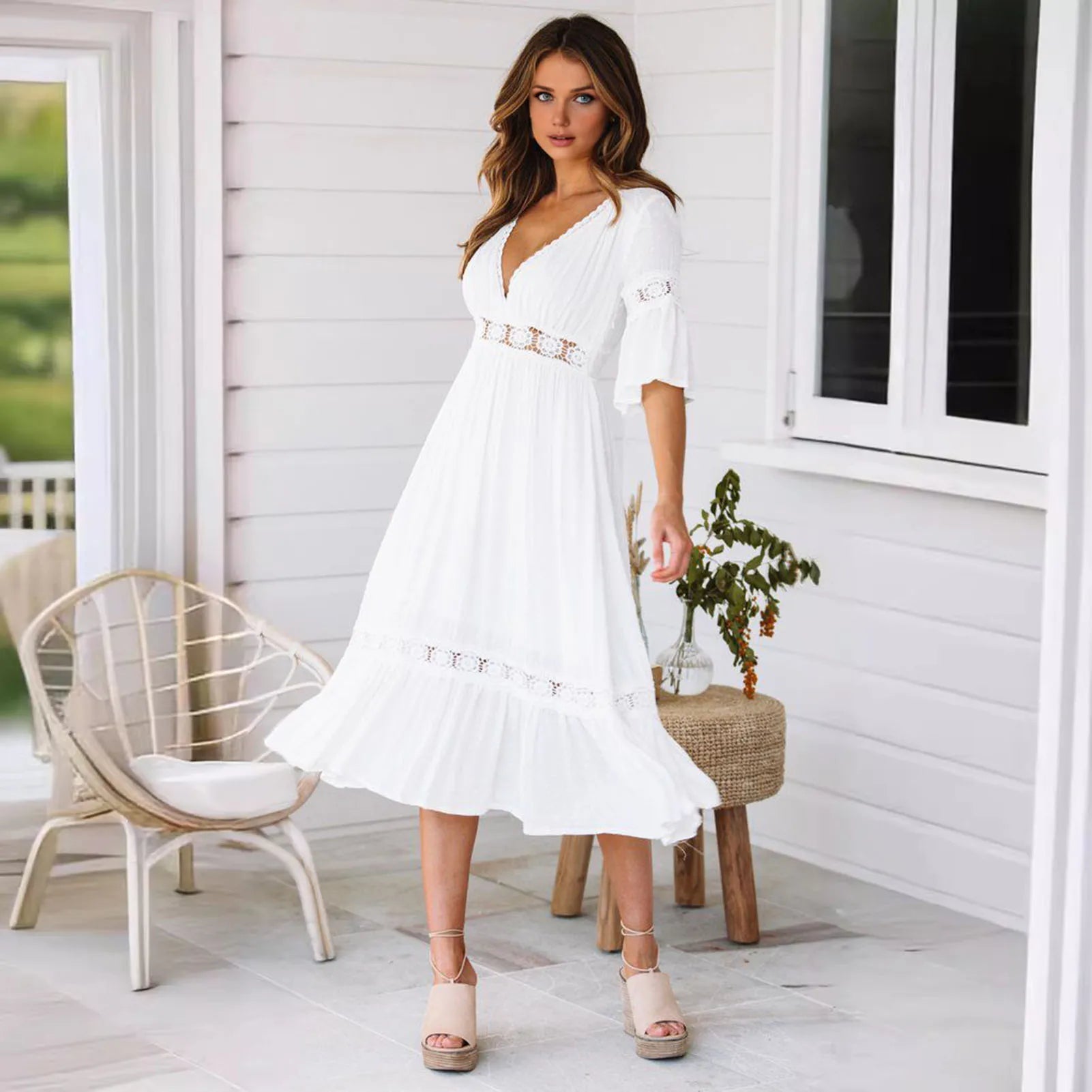 SOERA Winona Lace V - Neck Midi Dress - Dresses - 1005008576606072-;OC1776146840072416004 White L