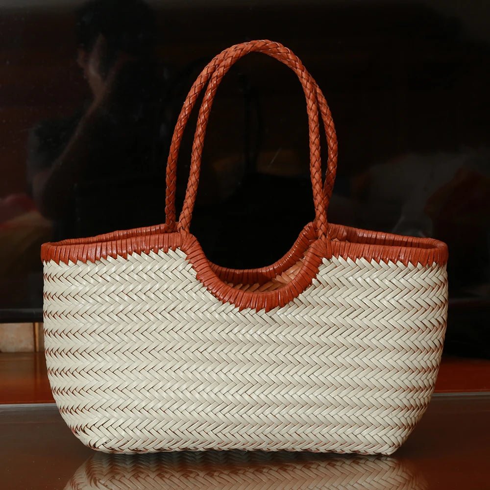 SOERA Beatrice Woven Leather Tote Bag - Handbags -  Auburn White Small