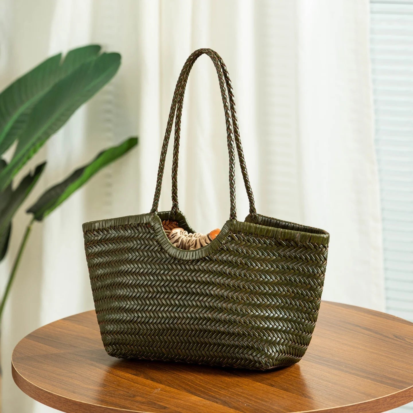SOERA Bianca Handwoven Leather Tote Bag - Handbags -  Green Small