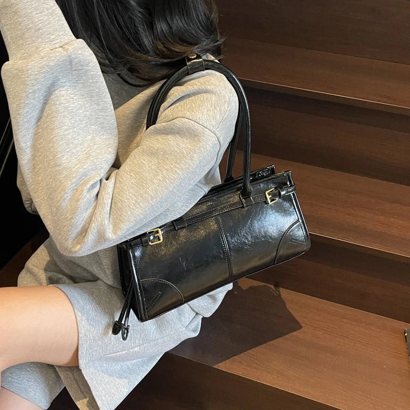 SOERA Luna Leather Shoulder Bag with Belt Detail - Handbags - 1005008217649789-;sj1763050843710379595 Black