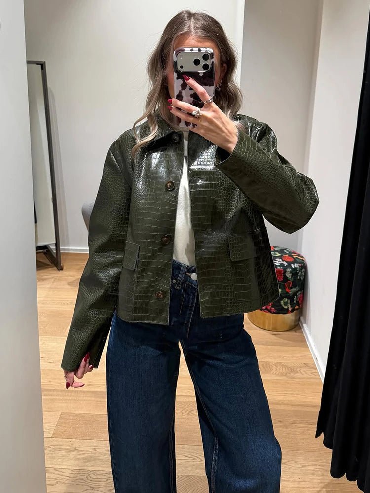 SOERA Svea Crocodile Embossed Leather Jacket - Jacket - SOERA-382403-GRE-M-11043 Green M