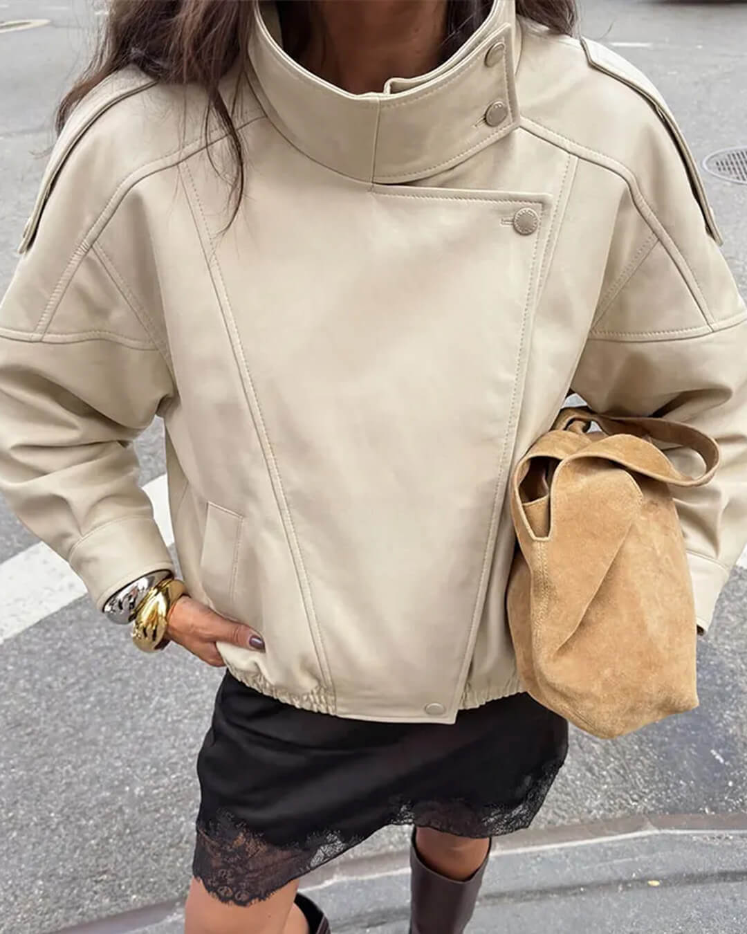 SOERA Brienne Stand Collar Faux Leather Jacket - Jackets - 1005011921437999-;lO1775623627069336891 Beige S