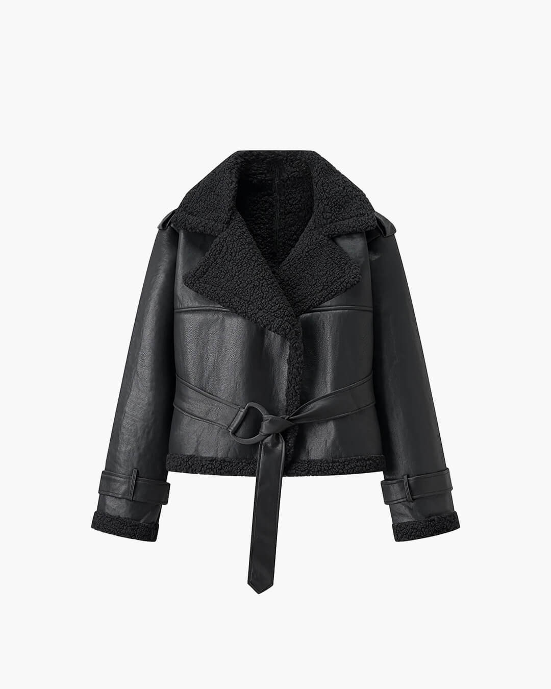 SOERA Cora Short Belted Faux Leather Jacket - Jackets - 3256808035558765-;Wr1765388039760337864 Black S