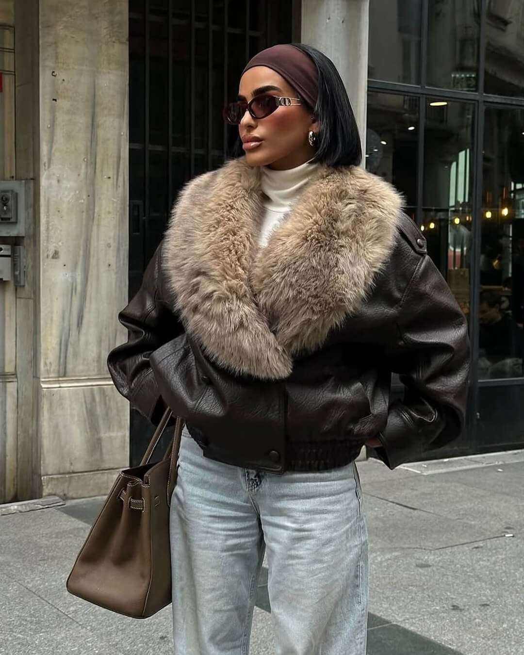 SOERA Francesca Faux Leather Jacket with Detachable Fur Collar - Jackets - 3256809993040075-;AE1764003581361420585 Brown S