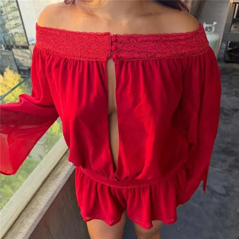 SOERA Aita Off-Shoulder Chiffon Romper - Jumpsuits & Rompers - SOERA-537987-DEF-OS-69420 Red S