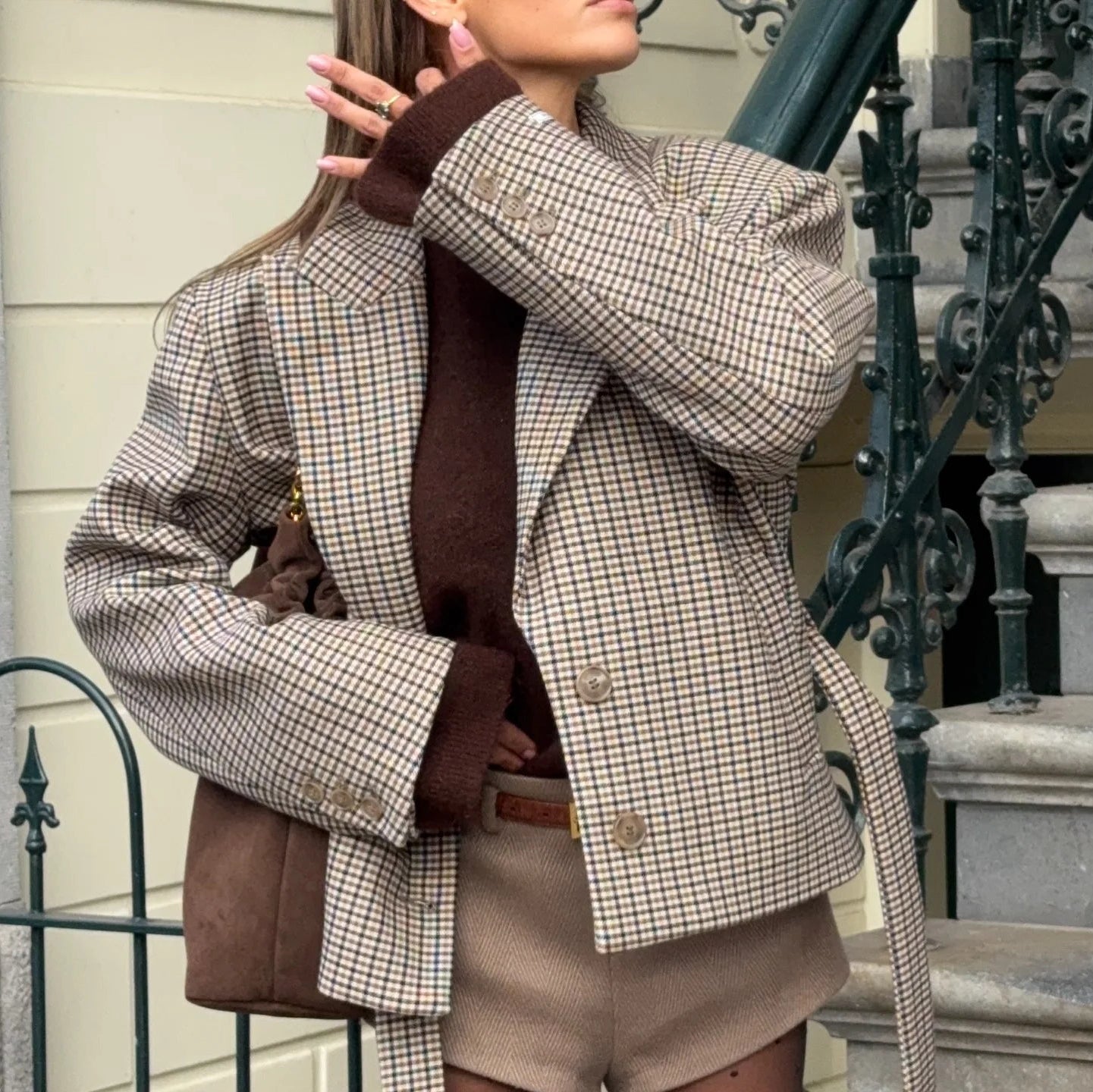 SOERA Lucy Houndstooth Belted Shorts Suit - Matching Sets - 1005010106269418-;Mc1770303445138165376 Blazer S