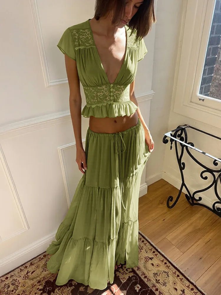 SOERA Morrigan Lace Chiffon Top & Skirt Set - Matching Sets -  Green XS