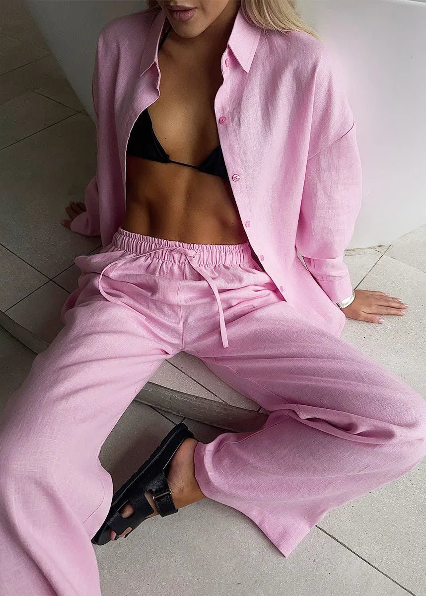 SOERA Sofia Cotton Lounge Set with Button-Up Shirt & Wide Pants - Matching Sets -  M