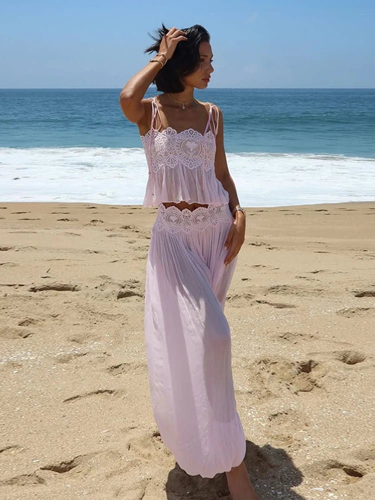 SOERA Sophia Floral Lace Ruffle Crop Top & Maxi Skirt Set - Matching Sets - SOERA-183747-PIN-M-74723 M