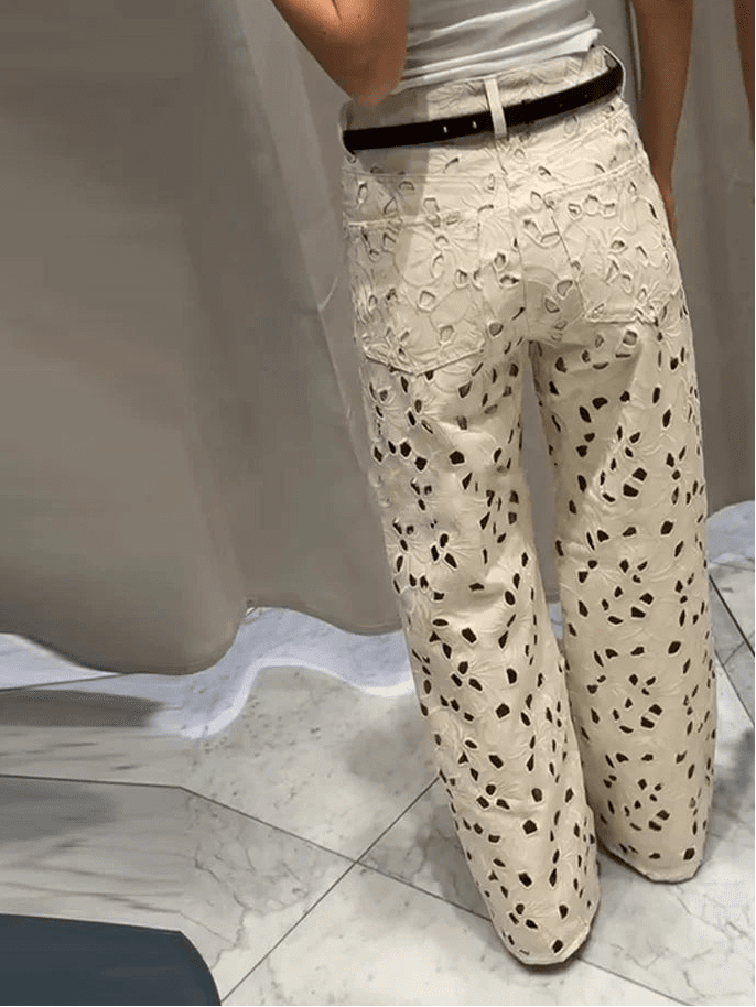 SOERA Anais Hollow-Out Denim High Waist Straight Jeans - Pants -  Beige S