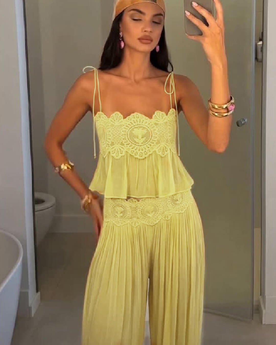 SOERA Sophia Lace Chiffon Pant Set - Pants Set - SOERA-664707-S-YELLOW-18211 Yellow S