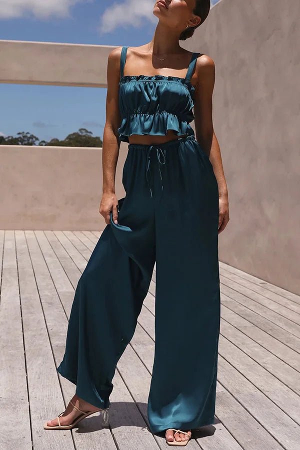 SOERA Julianne Ruffle Top Elastic Waist Pants Set - Set - LD1776125365231563326 Deep Blue S