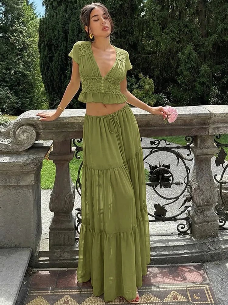 SOERA Morrigan Lace Chiffon Top & Skirt Set - Set -  Green L