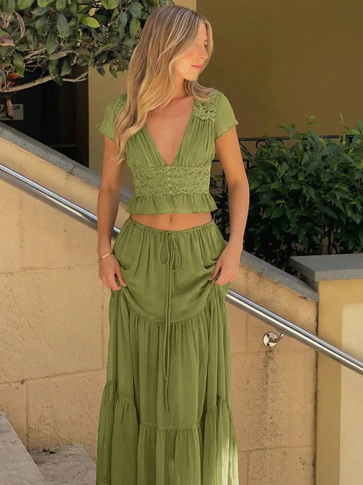 SOERA Morrigan Lace Chiffon Top & Skirt Set - Set -  Green M