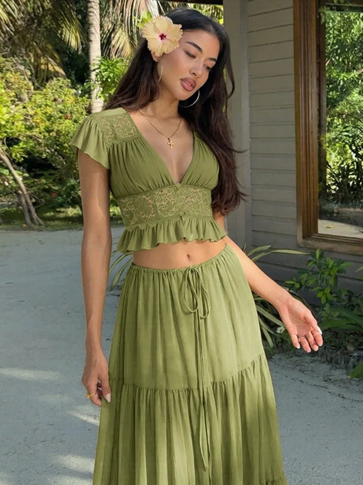 SOERA Morrigan Lace Chiffon Top & Skirt Set - Set -  Green XS
