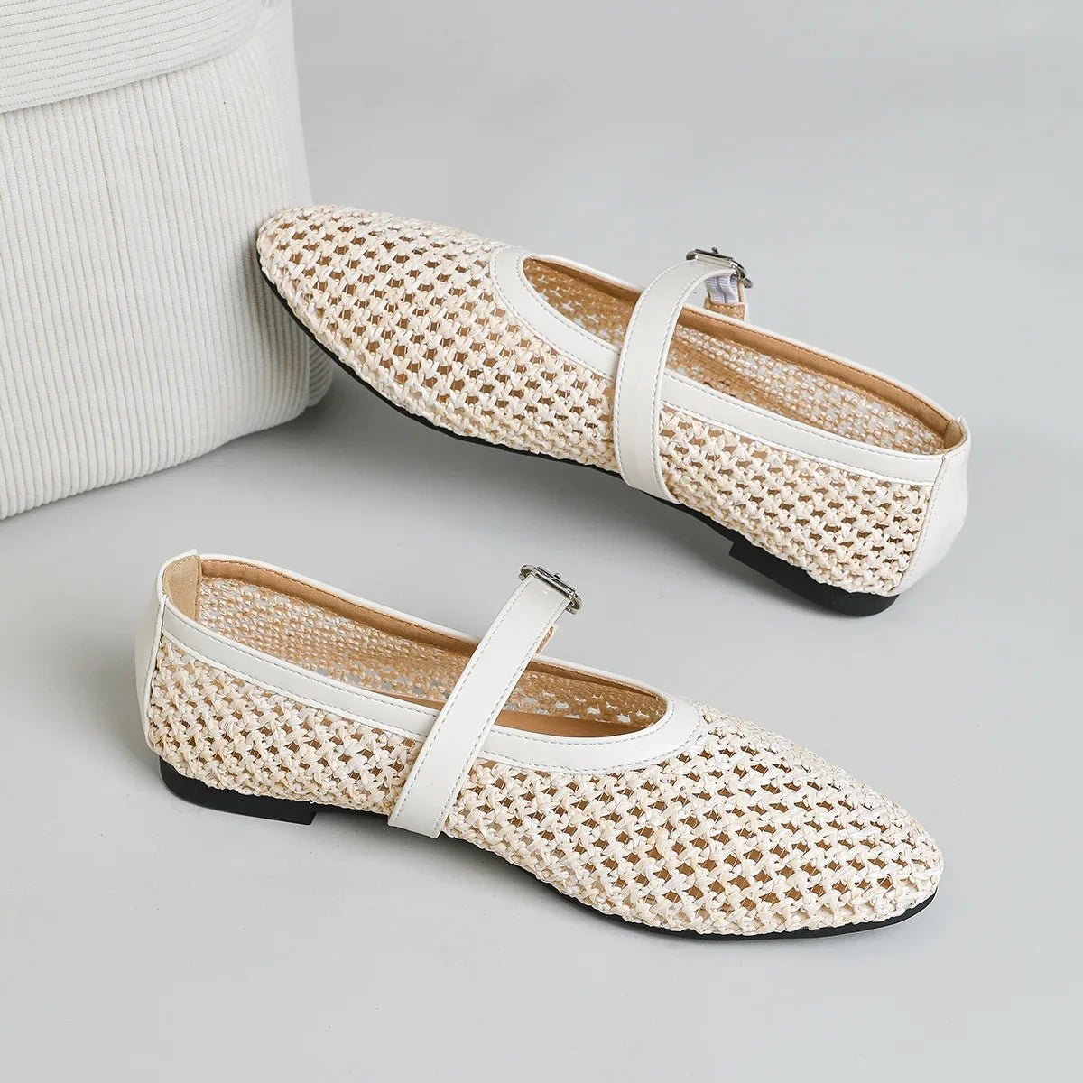 SOERA Beatrice Hollow Weave Mary Jane Flats - Shoes -  Beige 35