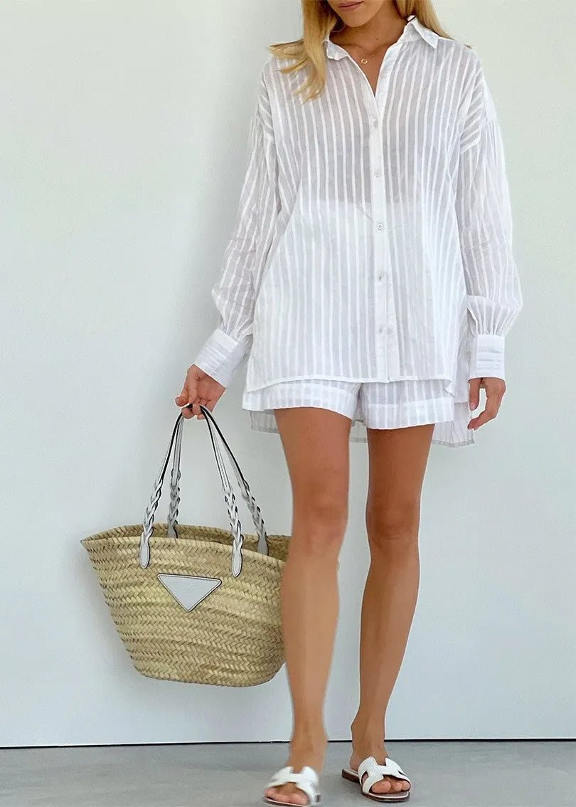 SOERA Bridget Striped Cotton Shirt and Shorts Set - Shorts -  S