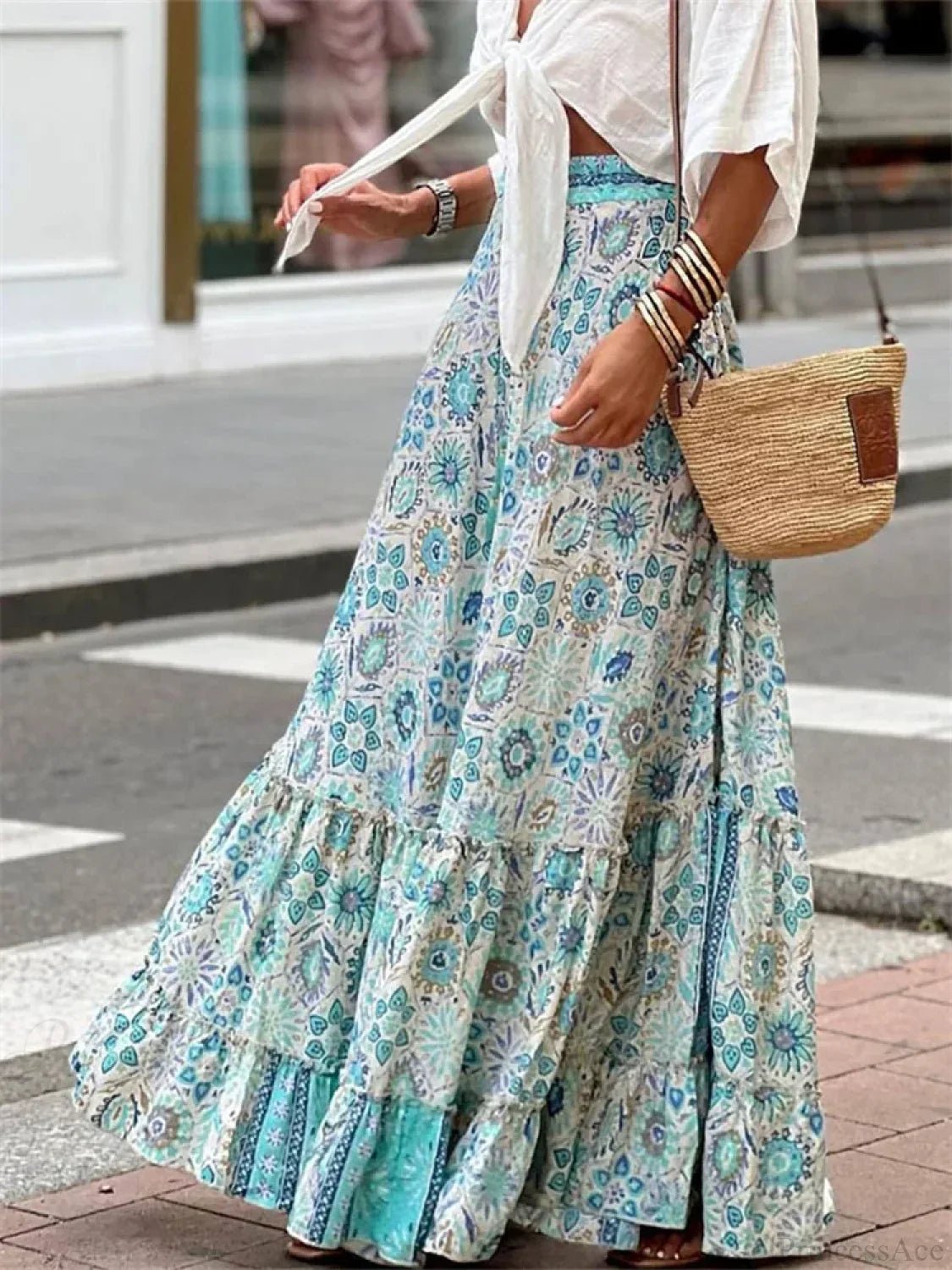 SOERA Celeste Flowy Boho Print Ruffled Hem Skirt - Skirts -  Sky Blue S